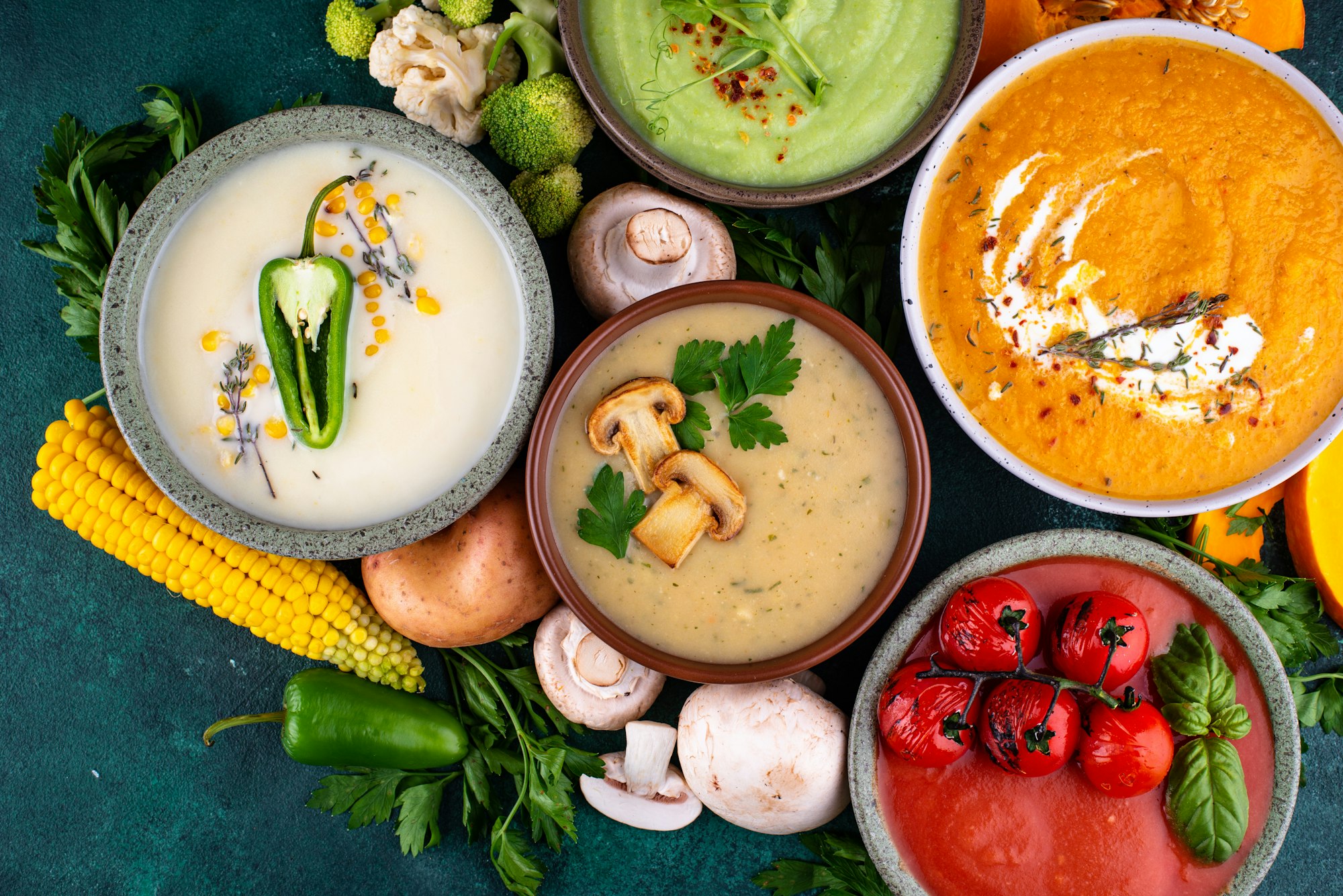 Assortment of vegetable autumn cream soups